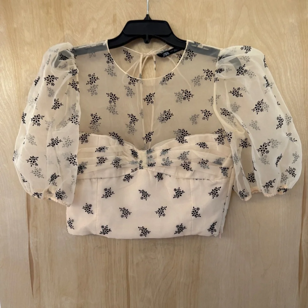 Zara Sheer Puff-Sleeve Floral Appliqué Top in Cream and Black